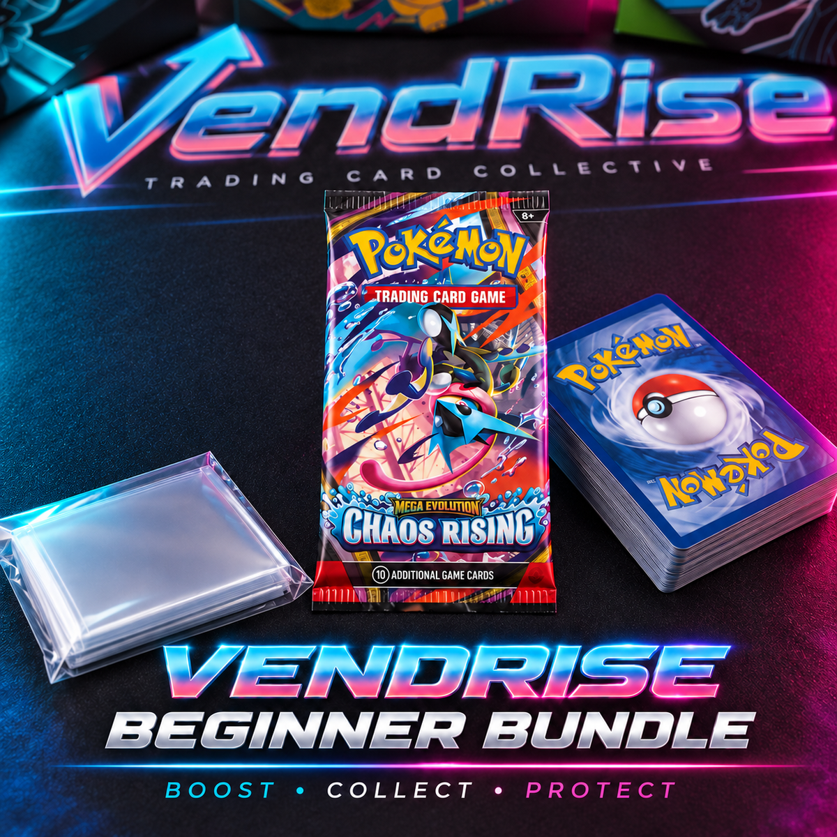 VendRise Pokémon TCG beginner bundle product image showing a booster, assorted cards and sleeves; contents may vary