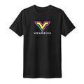 Black VendRise unisex T-shirt with yellow, cyan and magenta V logo and white VendRise lettering, front view