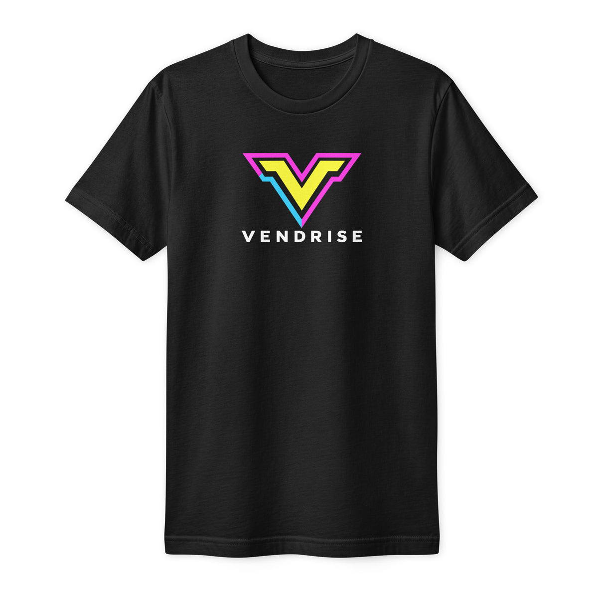 Black VendRise unisex T-shirt with yellow, cyan and magenta V logo and white VendRise lettering, front view