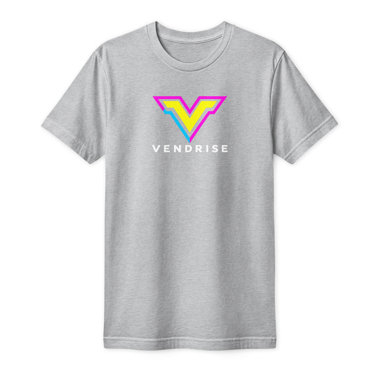 Heather grey VendRise unisex fine jersey T-shirt with colourful neon V logo, front view