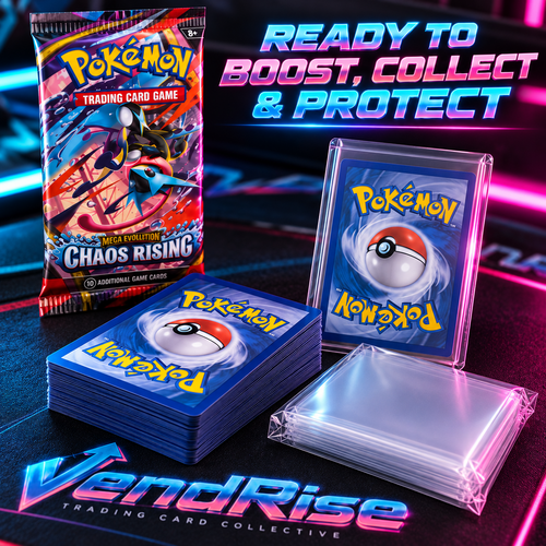 VendRise Pokémon TCG beginner bundle illustration with sealed booster, assorted cards and protective sleeves; available from Cardigan, West Wales for UK delivery