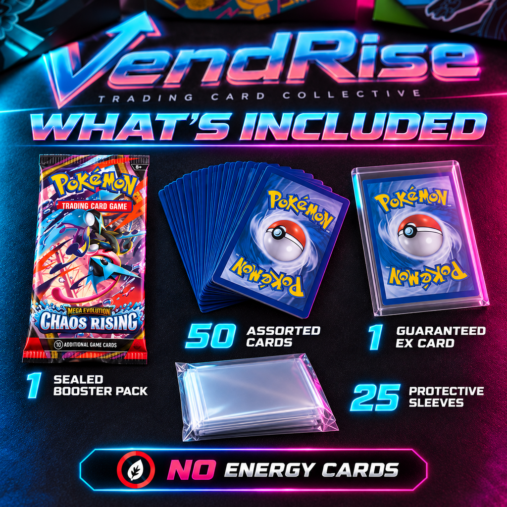 What is included in the VendRise Pokémon beginner bundle: 1 English booster pack, 50 assorted cards, 1 EX card and 25 protective sleeves; no Energy cards