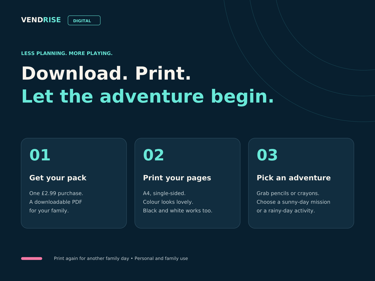 How to use the VendRise Digital family activity PDF: buy for £2.99, print single-sided on A4 paper and choose an adventure