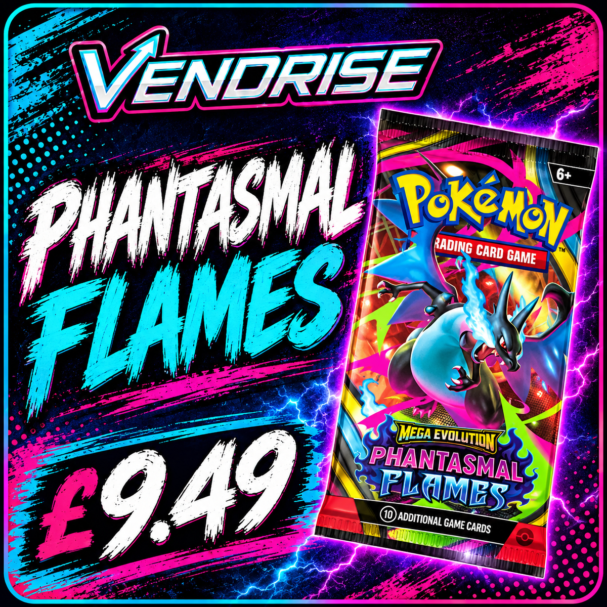 Phantasmal Flames English Pokémon TCG booster pack with VendRise neon promotional design and £9.49 price