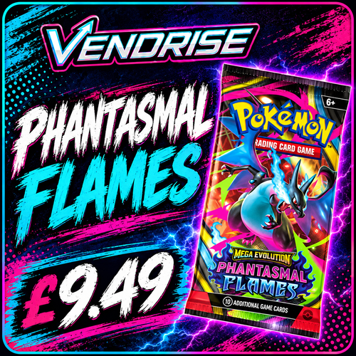 Phantasmal Flames English Pokémon TCG booster pack with VendRise neon promotional design and £9.49 price