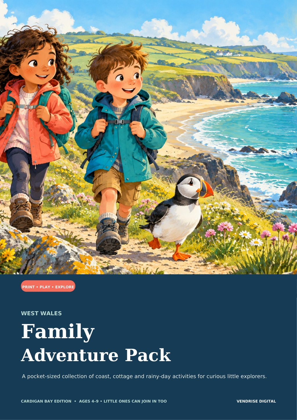 Illustrated cover of the West Wales Family Adventure Pack, Cardigan Bay edition, for ages 4–9