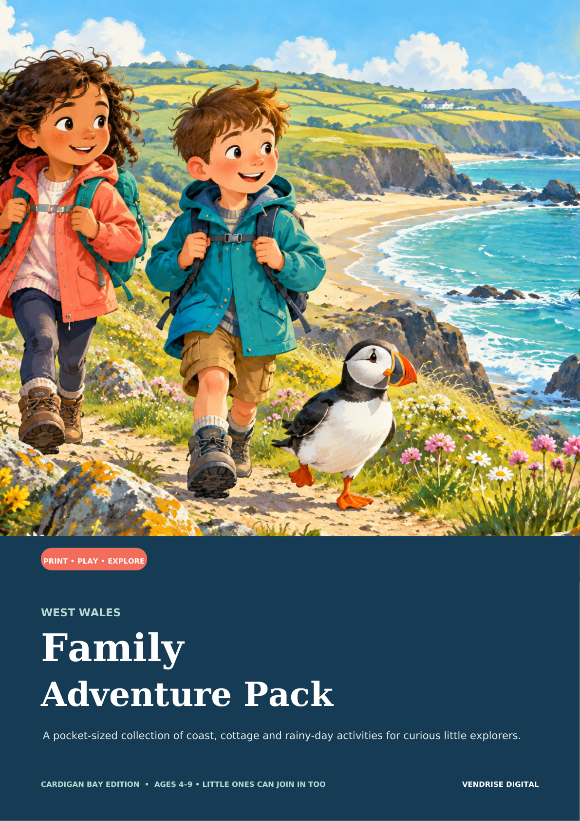 Illustrated cover of the West Wales Family Adventure Pack, Cardigan Bay edition, for ages 4–9