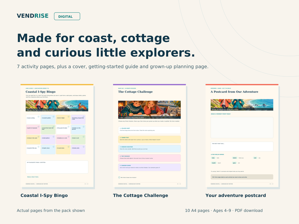 Actual printable pages from the West Wales activity pack: Coastal I-Spy Bingo, The Cottage Challenge and an adventure postcard