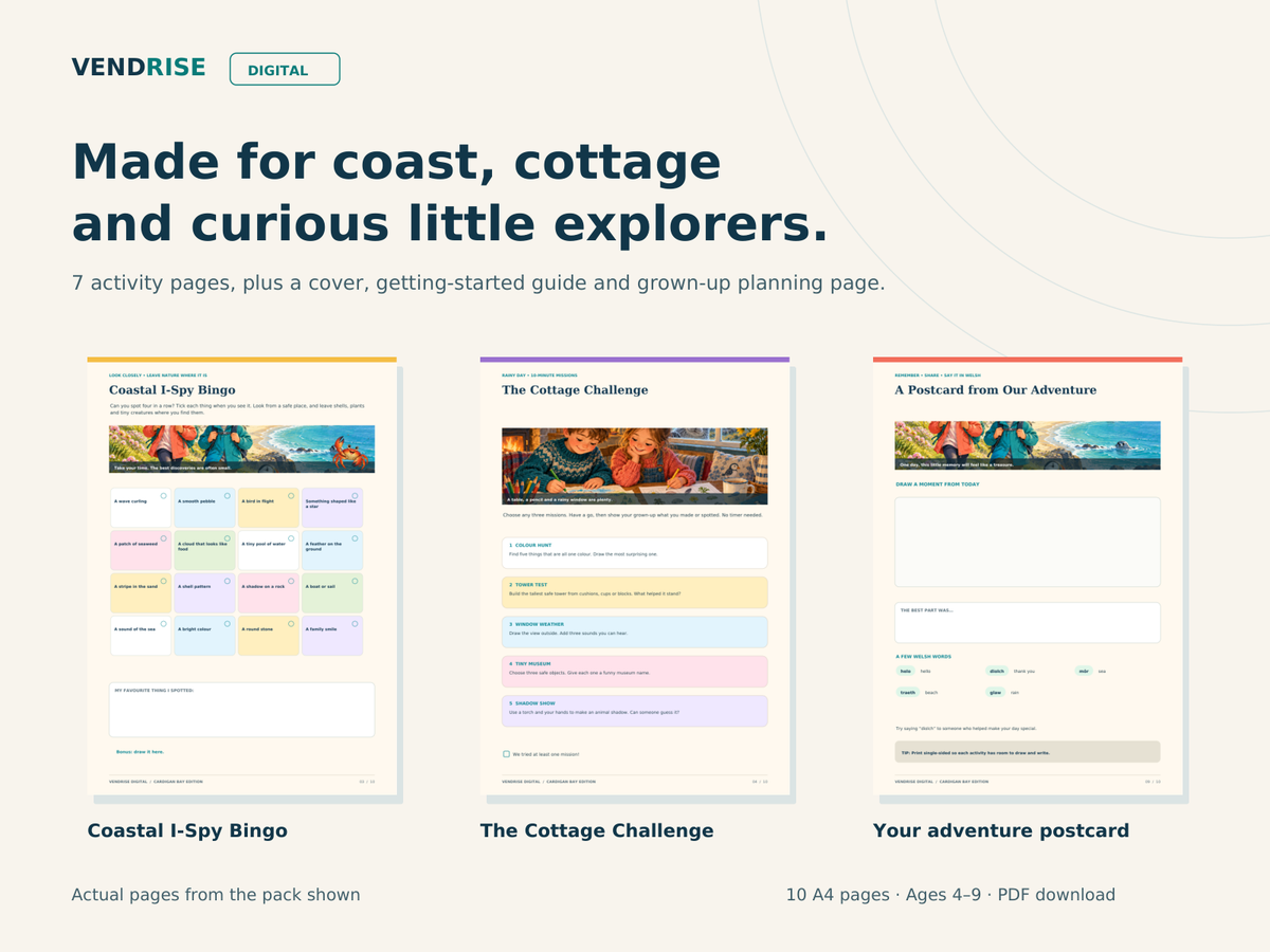 Actual printable pages from the West Wales activity pack: Coastal I-Spy Bingo, The Cottage Challenge and an adventure postcard